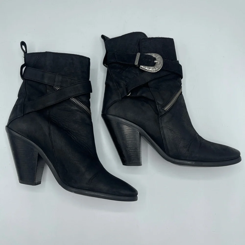 AllSaints TEJUS Ladies Black Leather Buckle Western Ankle